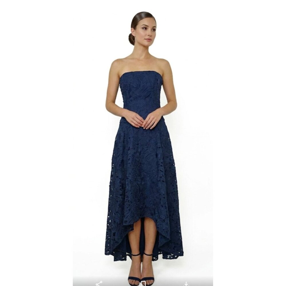 Shoshanna Bates Strapless Floral Lace Embroidery High Low Gown Dress 6 Navy
